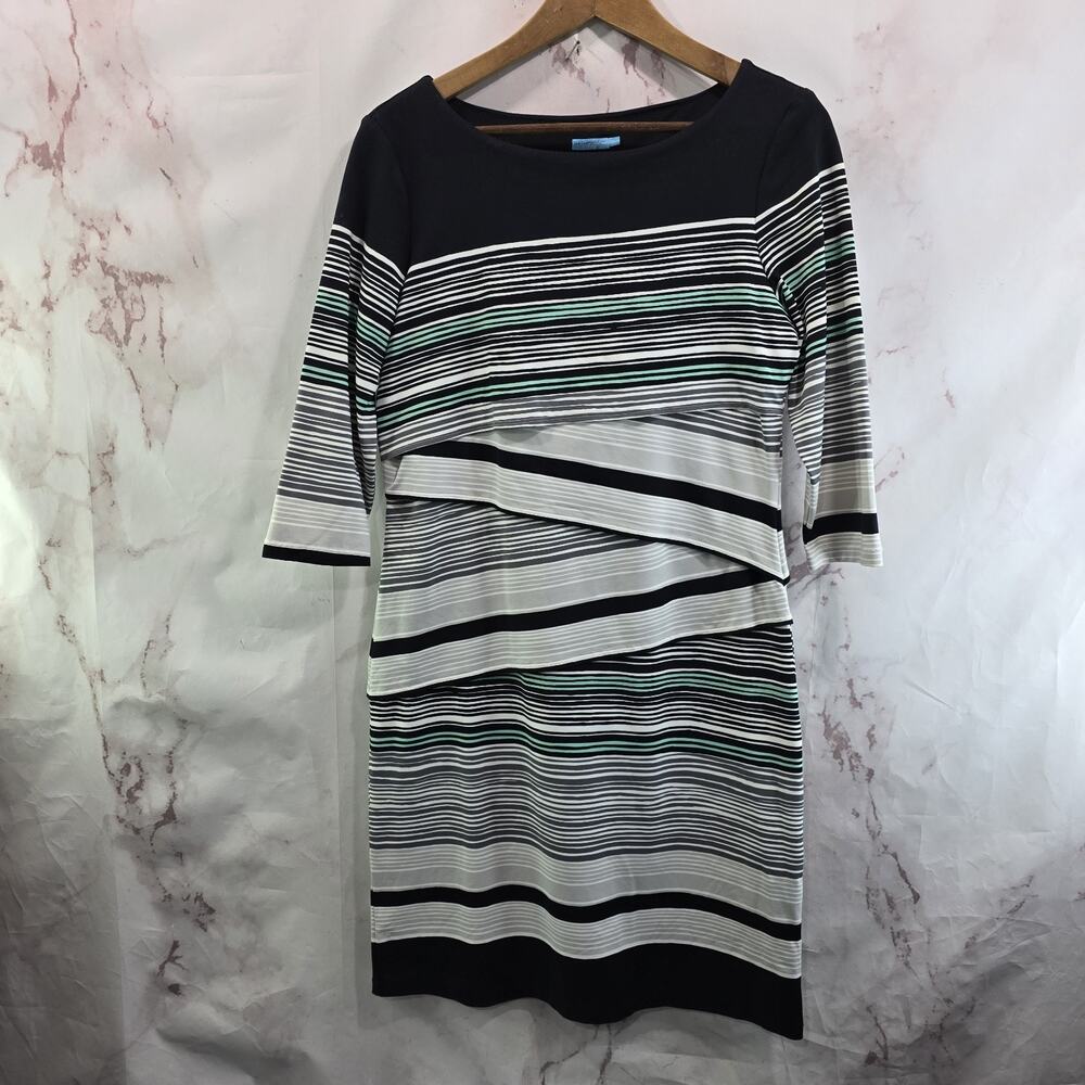 J McLaughlin Dress Womens Medium Black White Stretch Striped Tiered Catalina